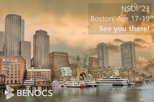 Twilight photo of buidlings and highrises in Boston, with a river and boats in the foreground. The text at the top-right reads: "NSDI '23, Boston, Apr 17-19. See you there!" At the bottom left is the white BENOCS logo.