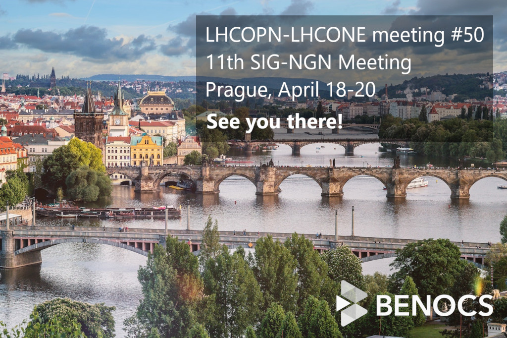 A photo of the city of Prague: the river, bridges and the old buildings. The text at the top right reads: "LHCOPN-LHCONE meeting #50, 11th SIG-NGN Meeting, Pragues, April 18-20. See you there!" At the bottom right is the white BENOCS logo.