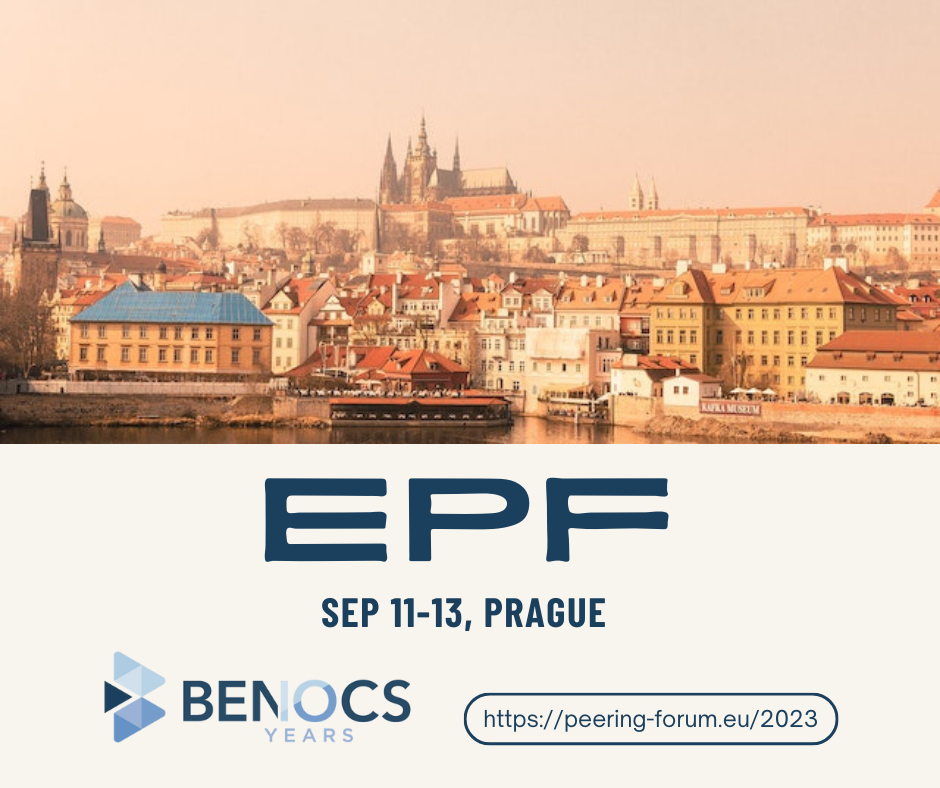 Prague cityscape. Text reads: EPF, Sep 11-13, Prague. Bottom left is the BENOCS 10 years logo, at the bottom right the event website: https://peering-forum.eu/2023/