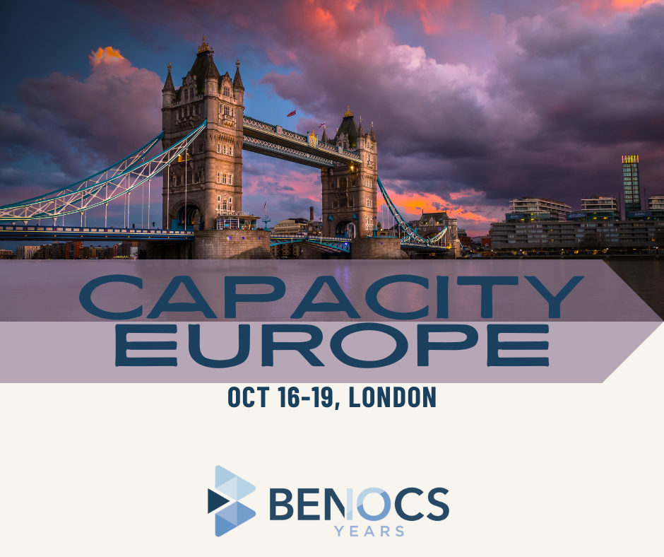 Tower Bridge in London. Text reads: Capacity Europe, Pct 16-19, London. At the bottom the BENOCS 10 years logo.