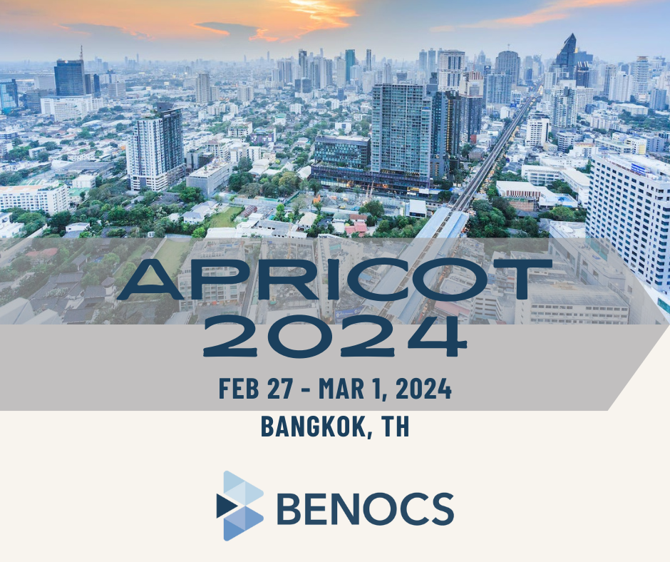 In the background the city of Bangkok. The text reads: APRICOT 2024, Feb 27 - Mar 1, 2024. Bankok, TH. At the bottom is the BENOCS logo.