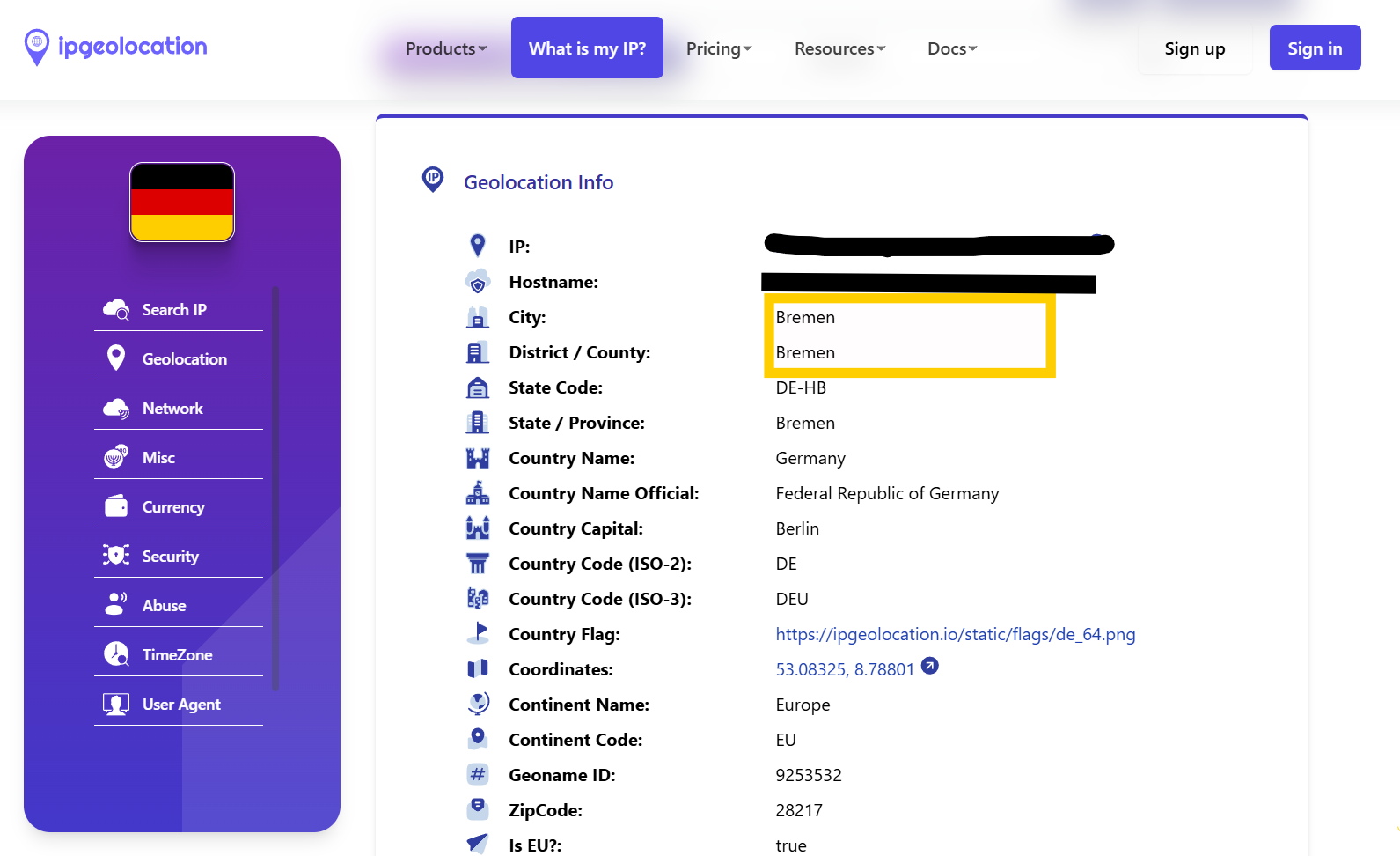 Screenshot of ipgeolocation website