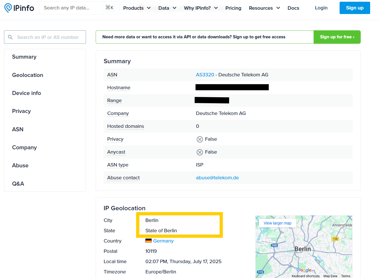 Screenshot of the ipinfo website